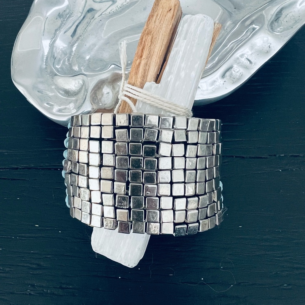 Silver Mosaic Tile Cuff Bracelet Turquoise Beaded Accent